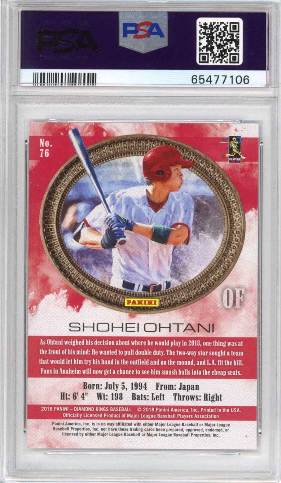 Graded 2018 Panini Diamond Kings Shohei Ohtani #76 Facing Right Rookie RC Baseball Card PSA 10 Gem Mint