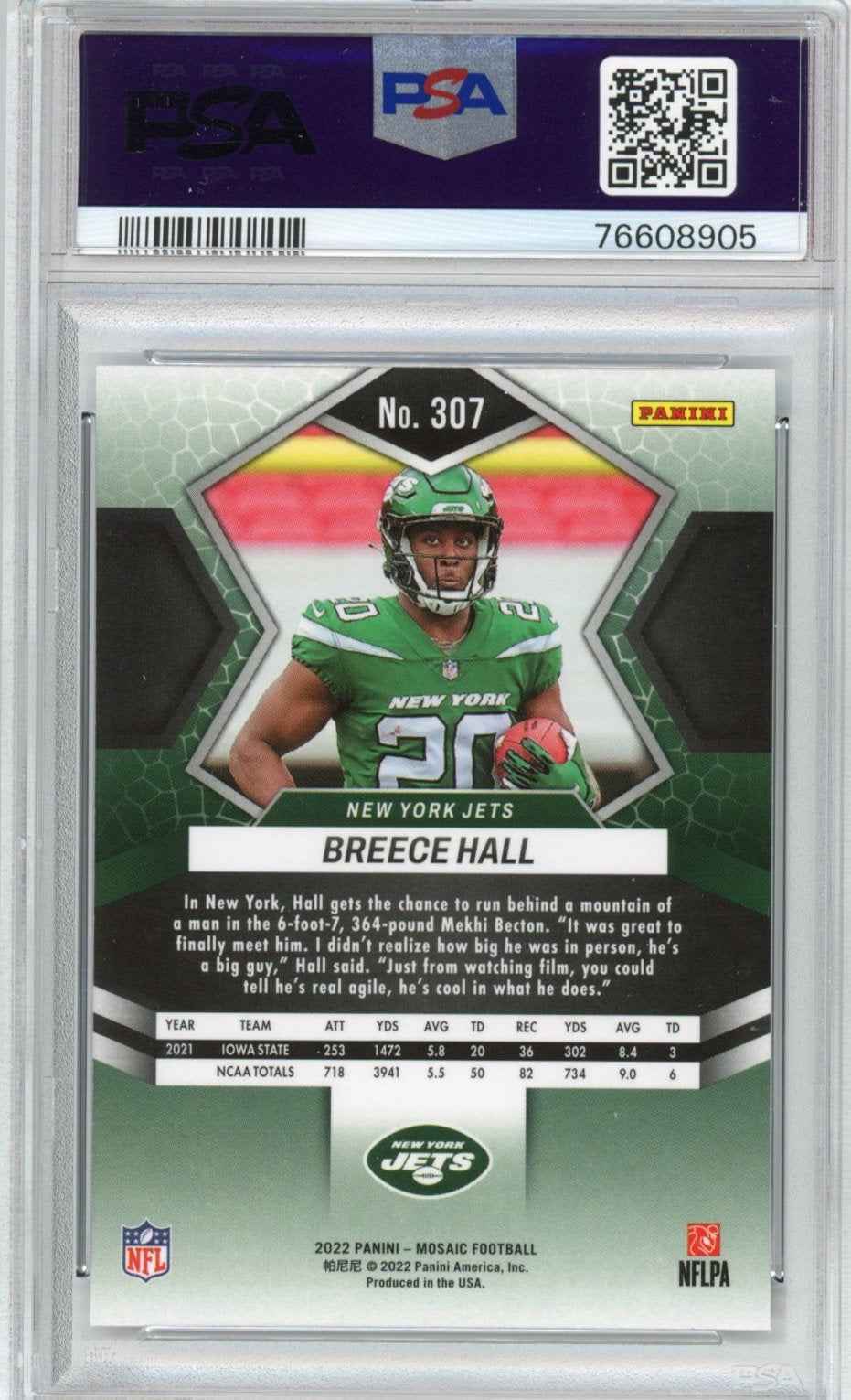 Graded 2022 Panini Mosaic Breece Hall #307 Rookie RC Football Card PSA 10 Gem Mint