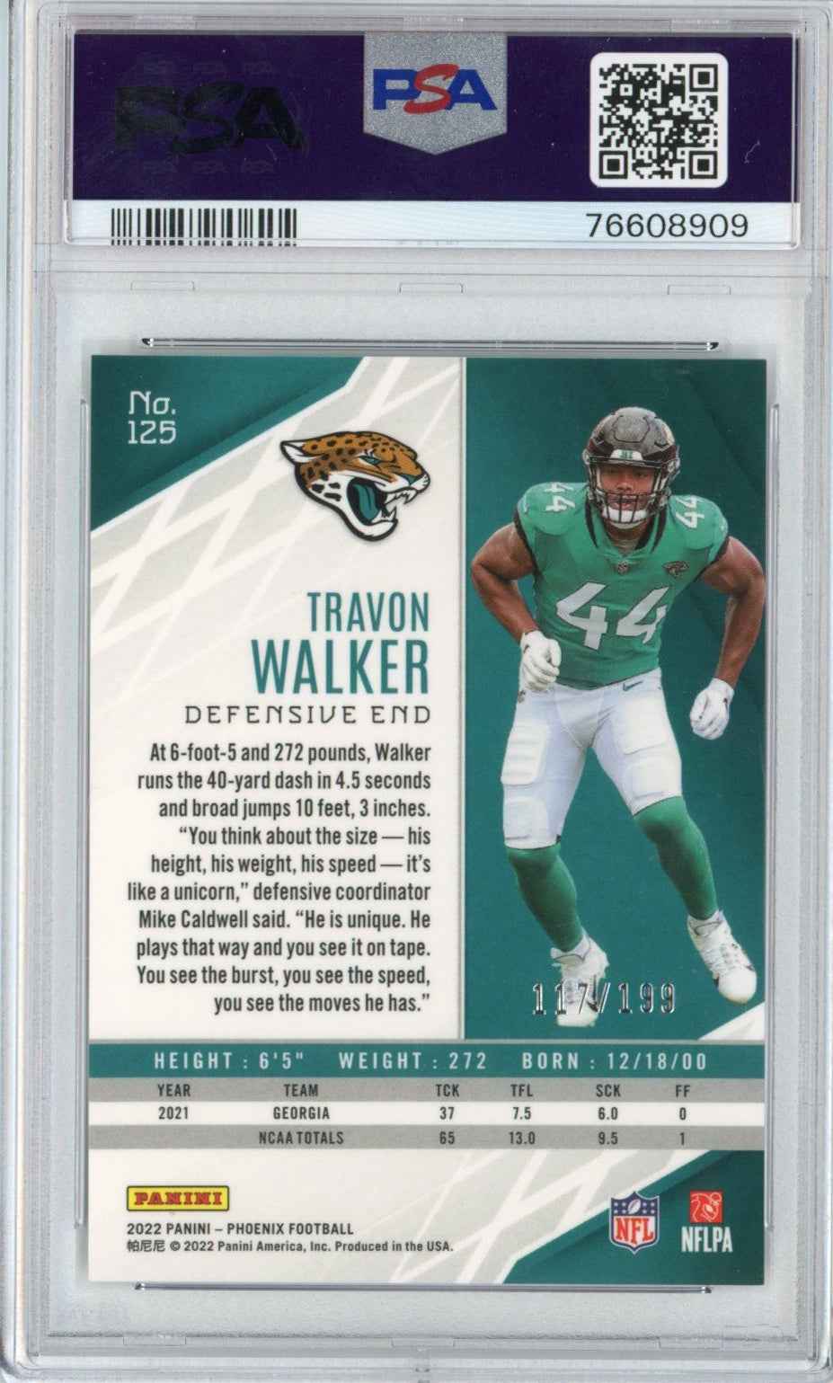 Graded 2022 Panini Phoenix Travon Walker #125 Pink Rookie RC Football Card PSA 10 Gem Mint