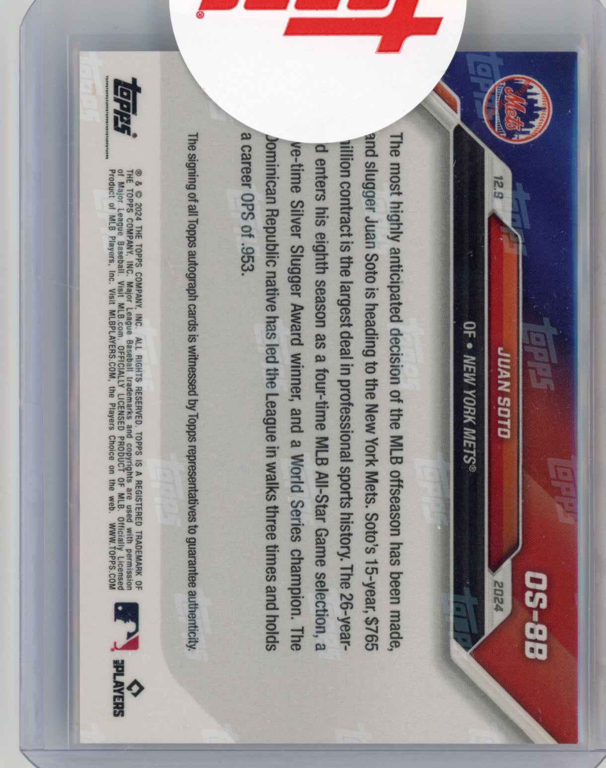2025 Topps Now Juan Soto #OS8B Orange Auto /5 Signs Record Deal New York Mets Baseball Card