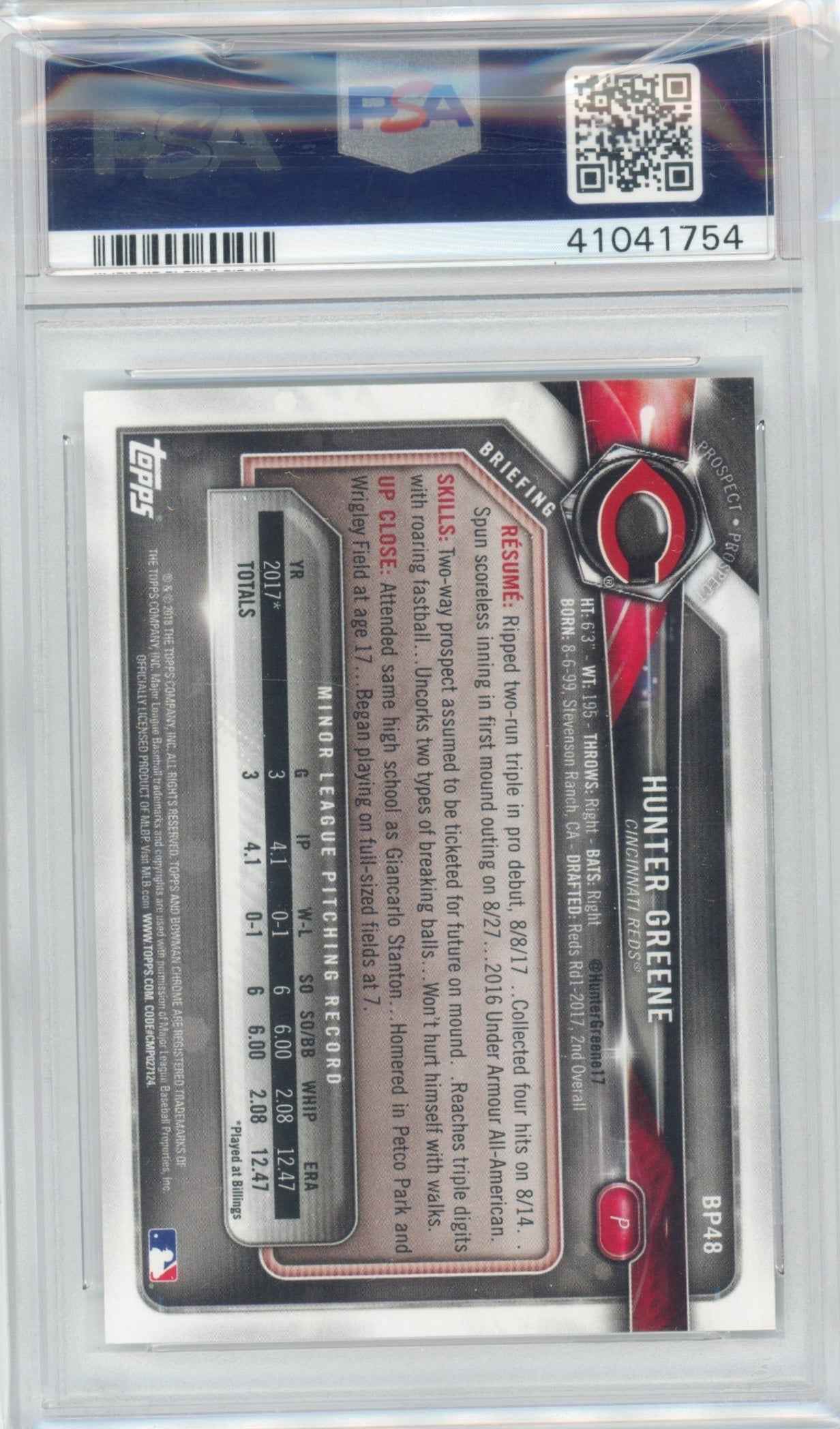 Graded 2018 Topps Bowman Hunter Greene #BP48 Paper Prospects Rookie RC Baseball Card PSA 10 Gem Mint