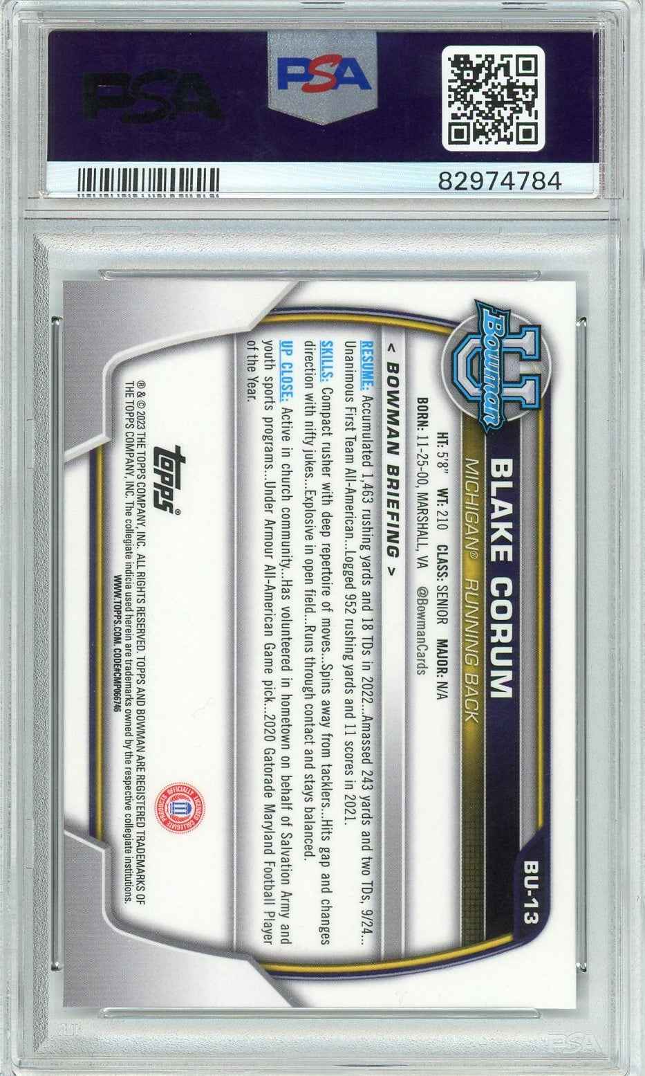 Graded 2023 Bowman Chrome U NSCC Blake Corum #13 Rookie RC Football Card PSA 10 Gem Mint