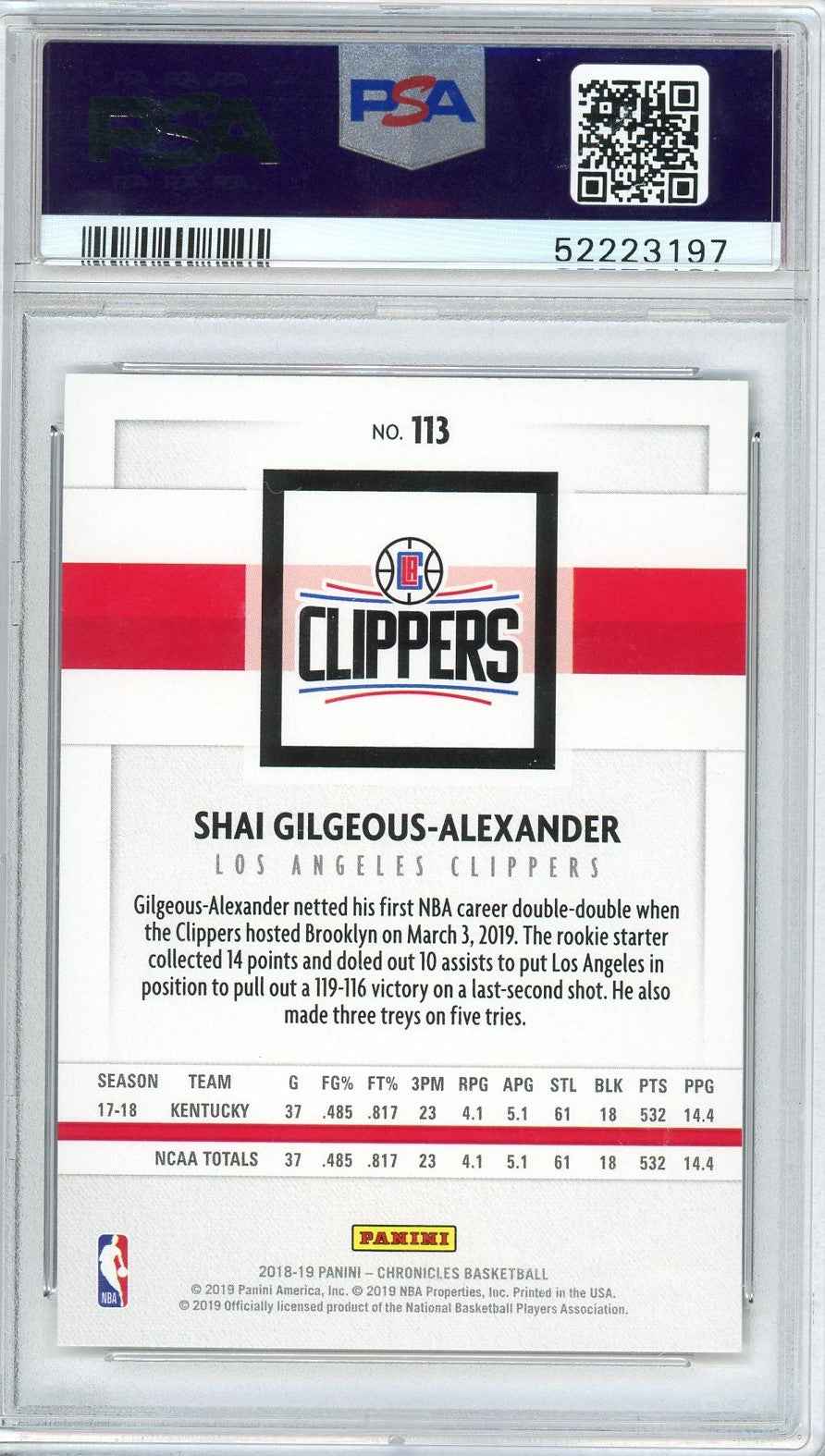 Graded 2018 Panini Chronicles Shai Gilgeous-Alexander #113 Pink Rookie RC Basketball Card PSA 10 Gem Mint