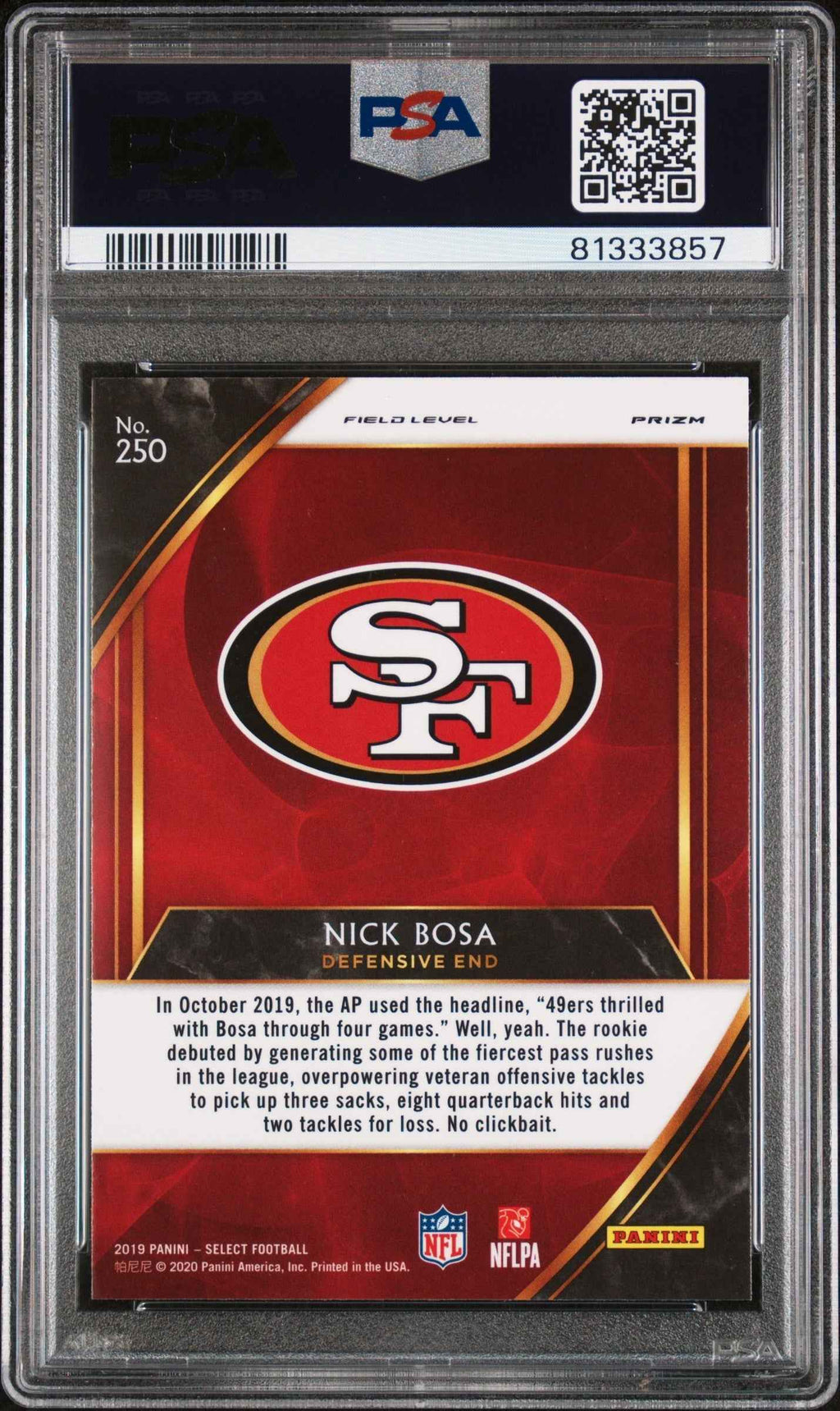 Graded 2019 Panini Select Nick Bosa #250 Silver Prizm Rookie RC Football Card PSA 10 Gem Mint