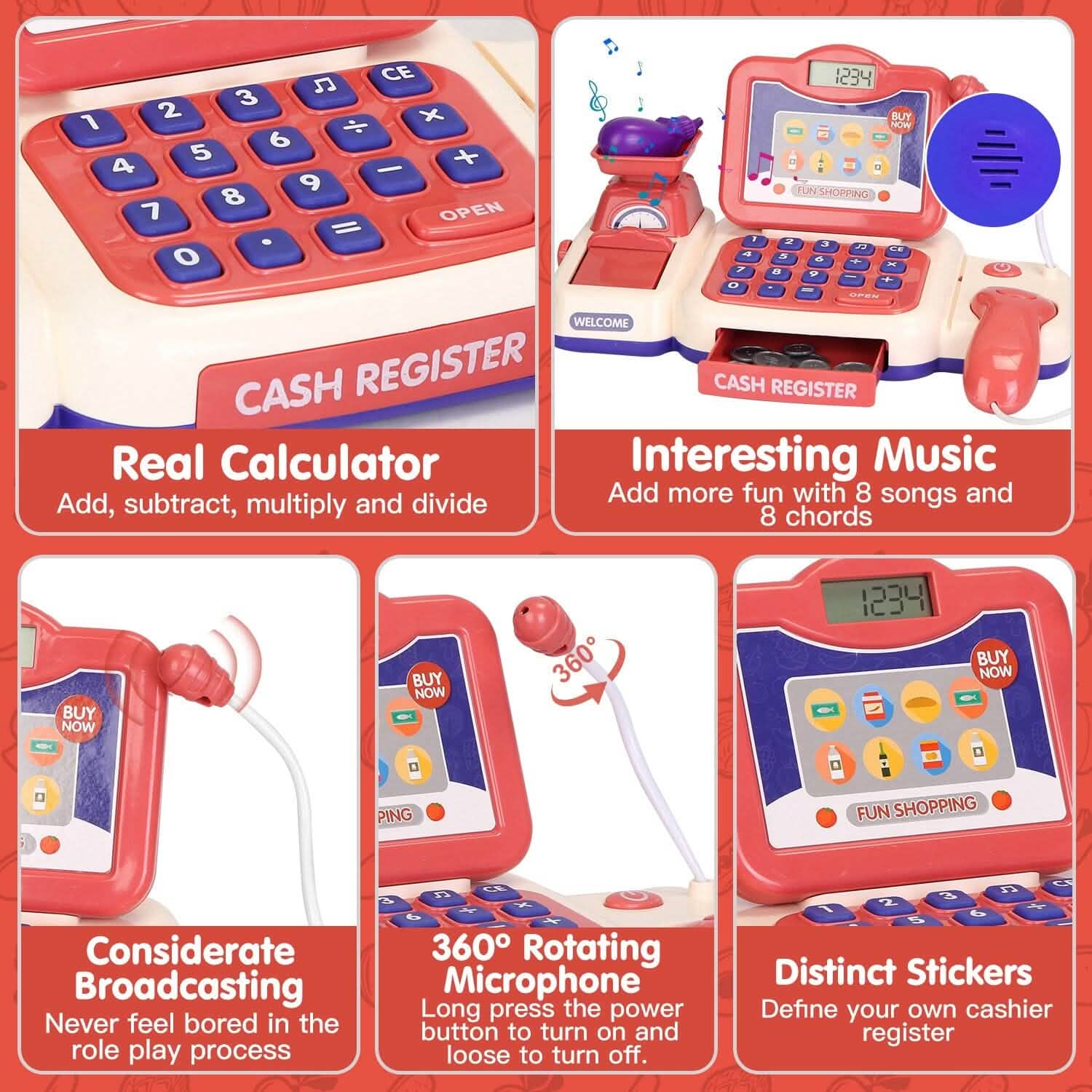 Kids Cash Register Pretend Play Cashier Toy with Scanner Calculator
