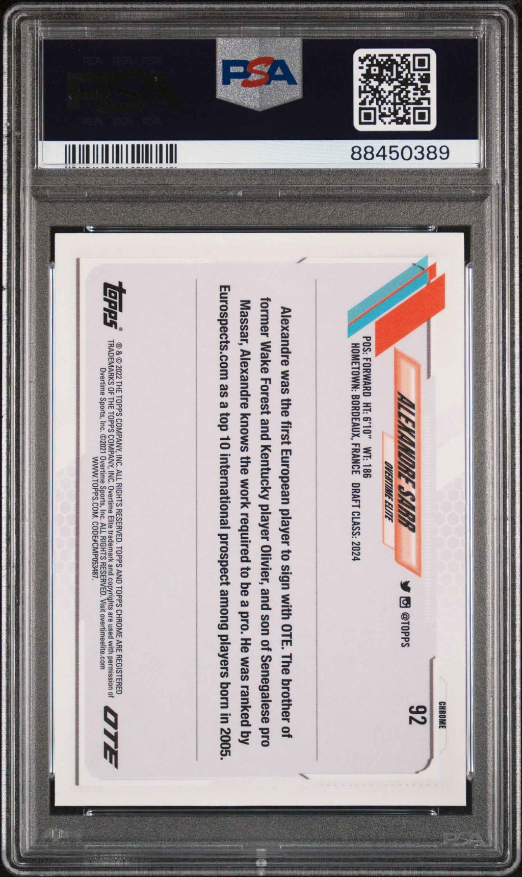 Graded 2021 Topps Chrome Alexandre Sarr #92 Overtime Elite Rookie RC Basketball Card PSA 10 Gem Mint
