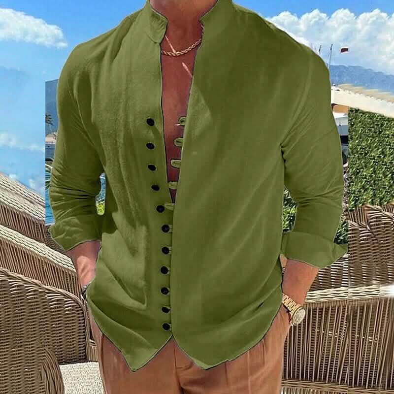 Men's Linen Button Up Shirt Long Sleeve Plain Band Collar