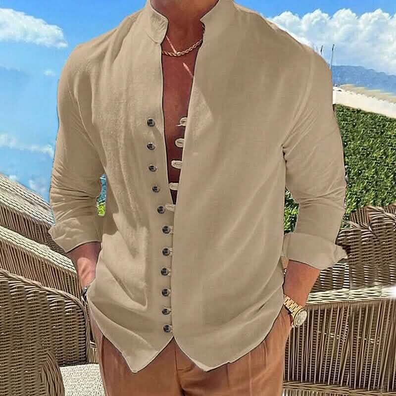 Men's Linen Button Up Shirt Long Sleeve Plain Band Collar