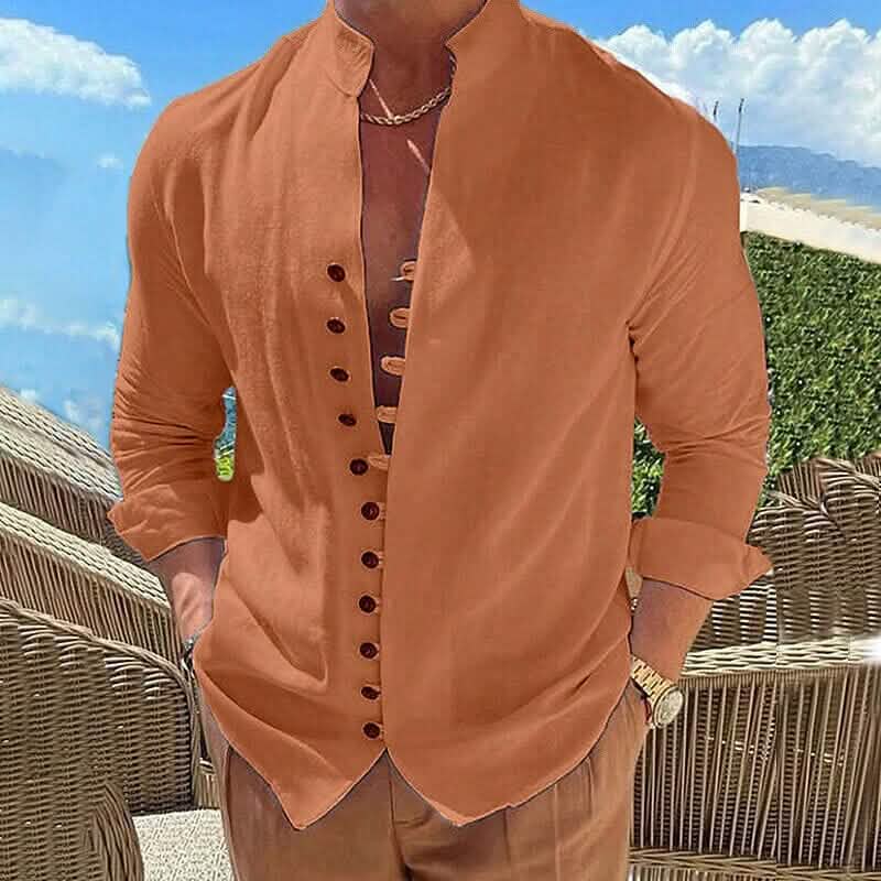 Men's Linen Button Up Shirt Long Sleeve Plain Band Collar