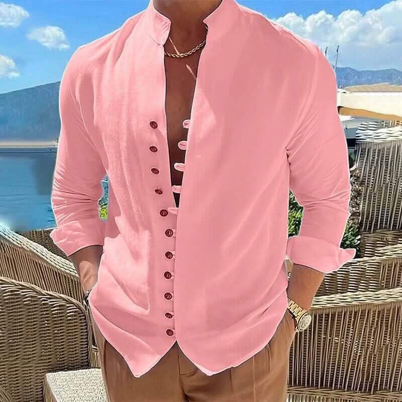 Men's Linen Button Up Shirt Long Sleeve Plain Band Collar