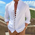 Men's Linen Button Up Shirt Long Sleeve Plain Band Collar