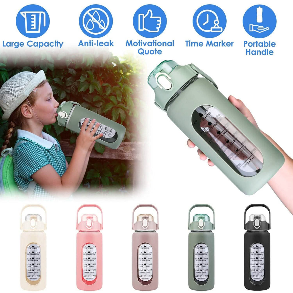 Motivational Water Bottle Intake Tracker with Straw Time Marker Silicone Sleeve Handle