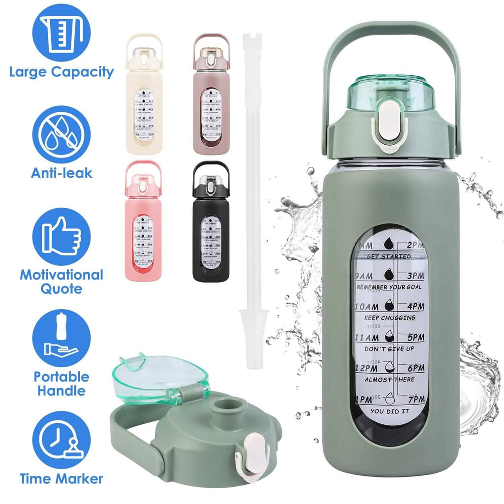 Motivational Water Bottle Intake Tracker with Straw Time Marker Silicone Sleeve Handle