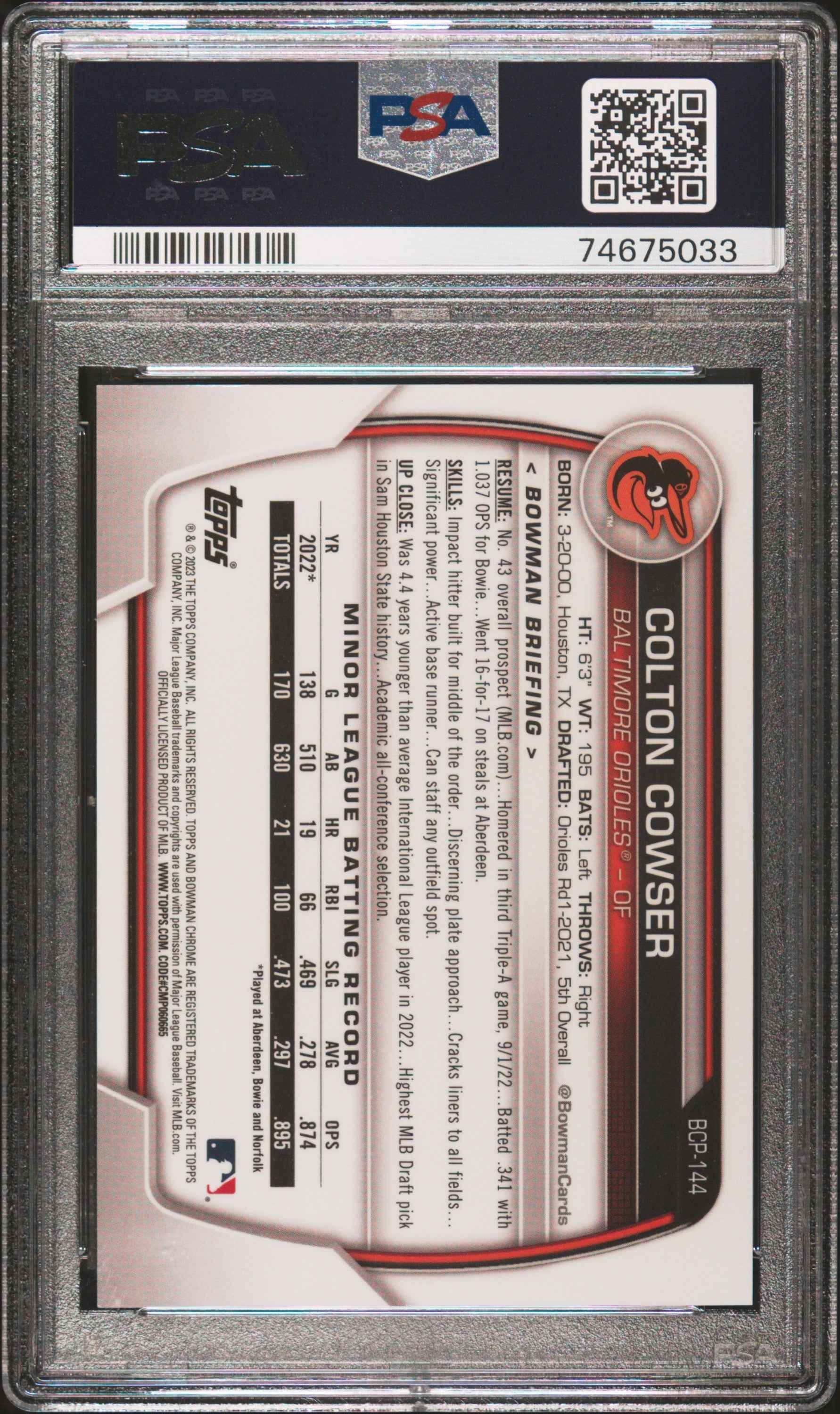 Graded 2023 Topps Bowman Colton Cowser #BCP144 Chrome Prospects Green Grass Refractor #/99 Rookie RC Baseball Card PSA 10 Gem Mint