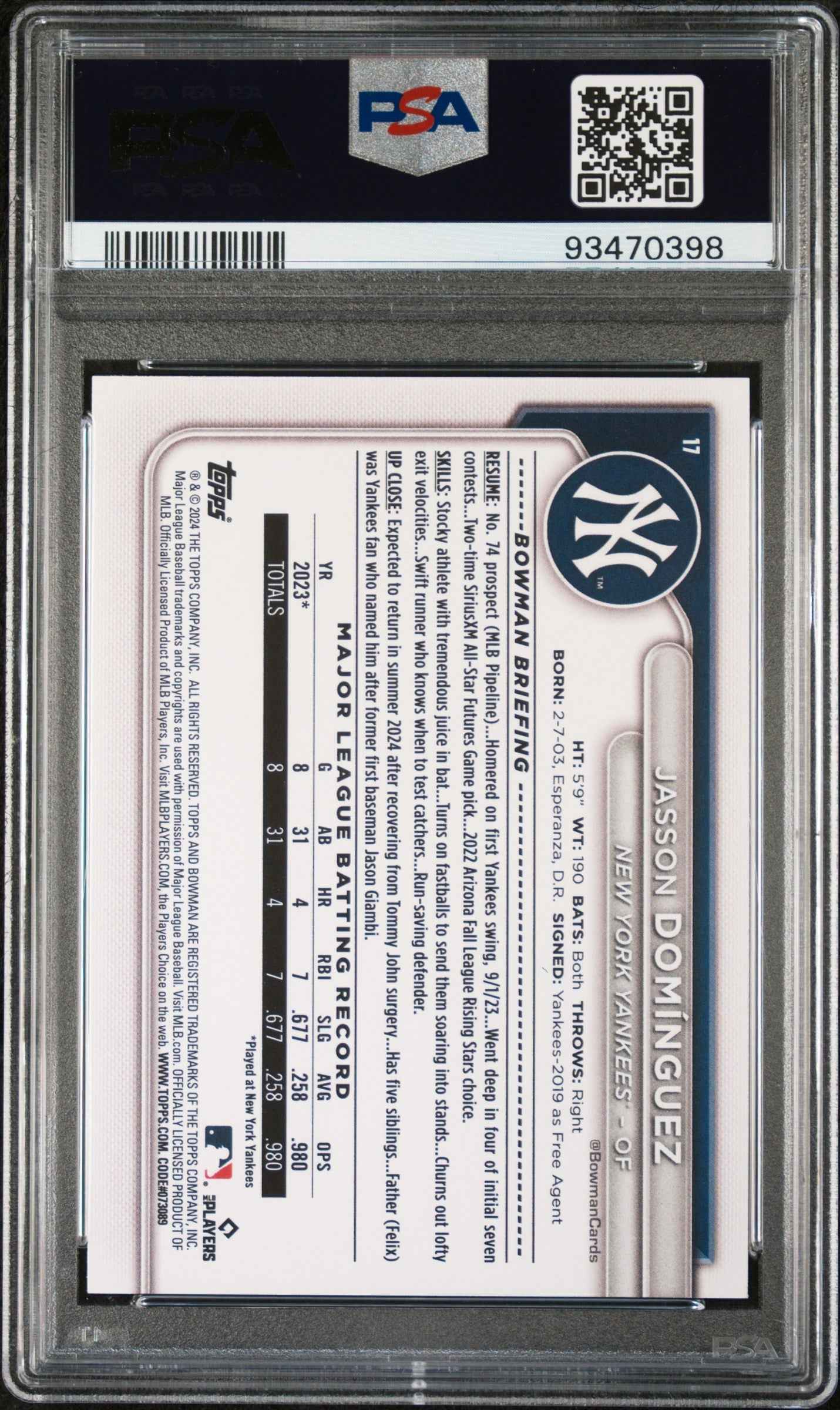 Graded 2024 Topps Bowman Jasson Dominguez #17 Rookie RC Baseball Card PSA 10 Gem Mint