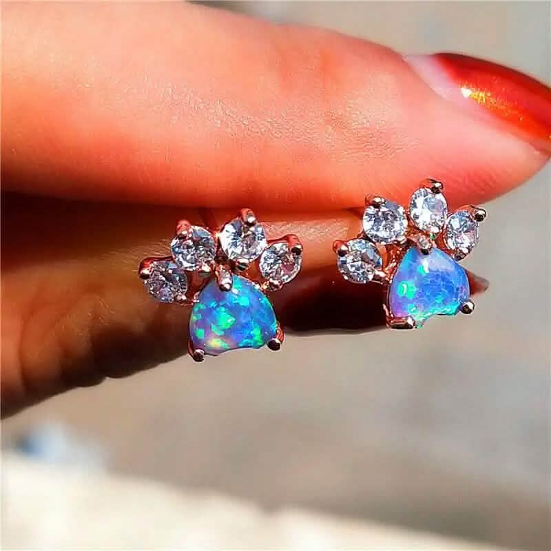 Rose Golden Opal Paw Print Stud Earrings