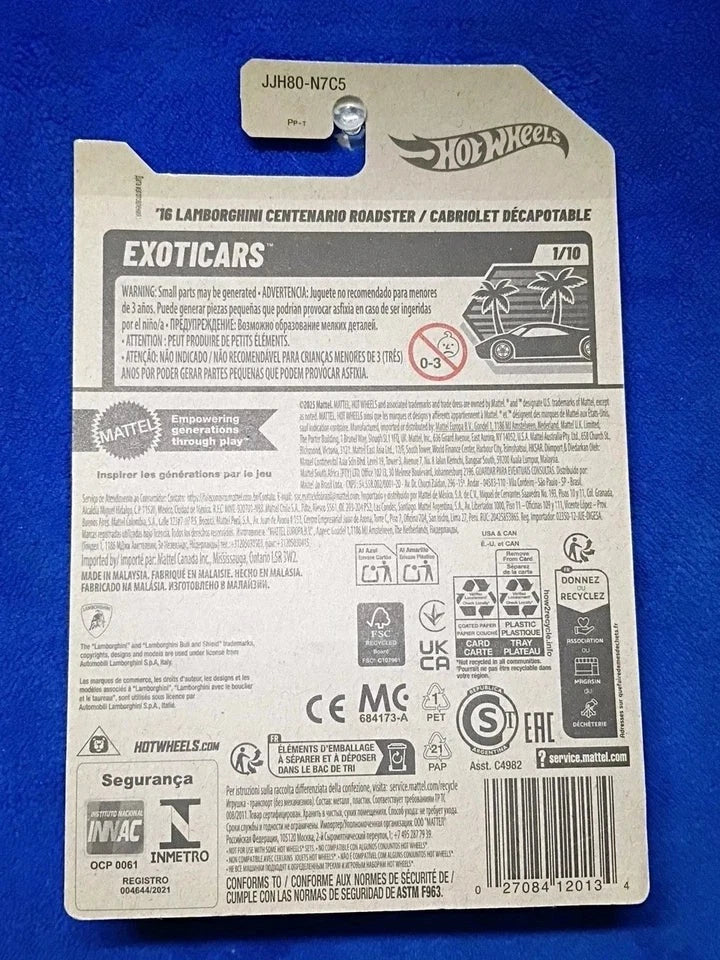 Lamborghini Centenario Roadster Hot Wheels Exoticars Die-Cast | Anniversary Supercar Collector's Edition
