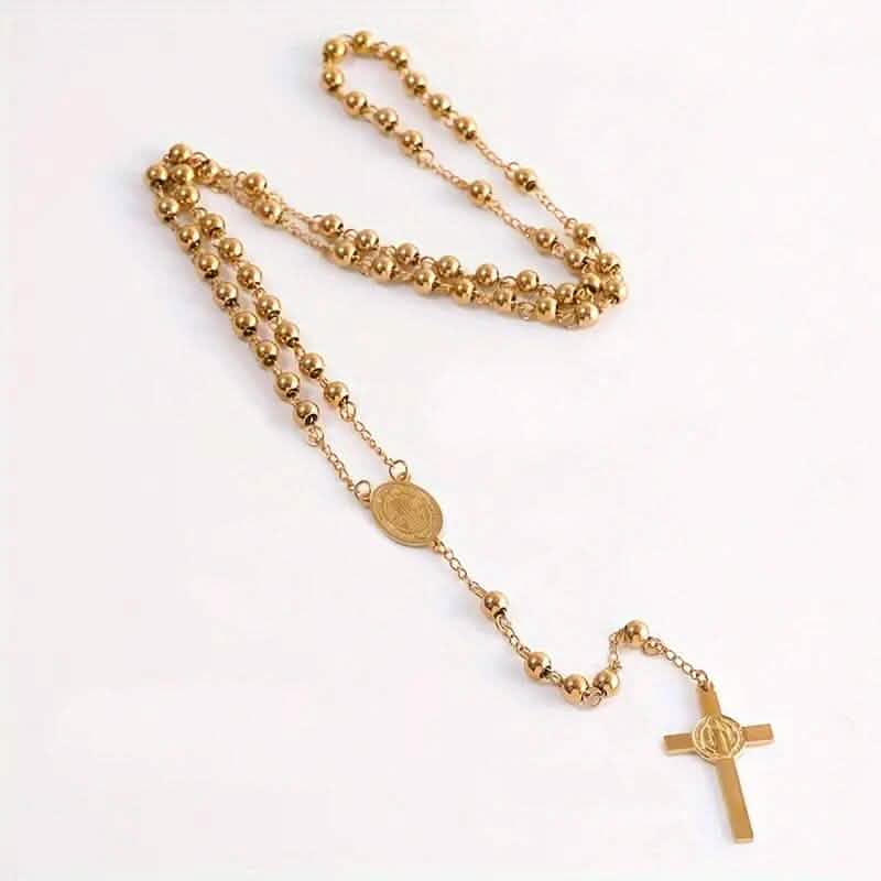 San Benito Golden Plated Stainless Steel Priest Saint Benedict Rosary Necklace