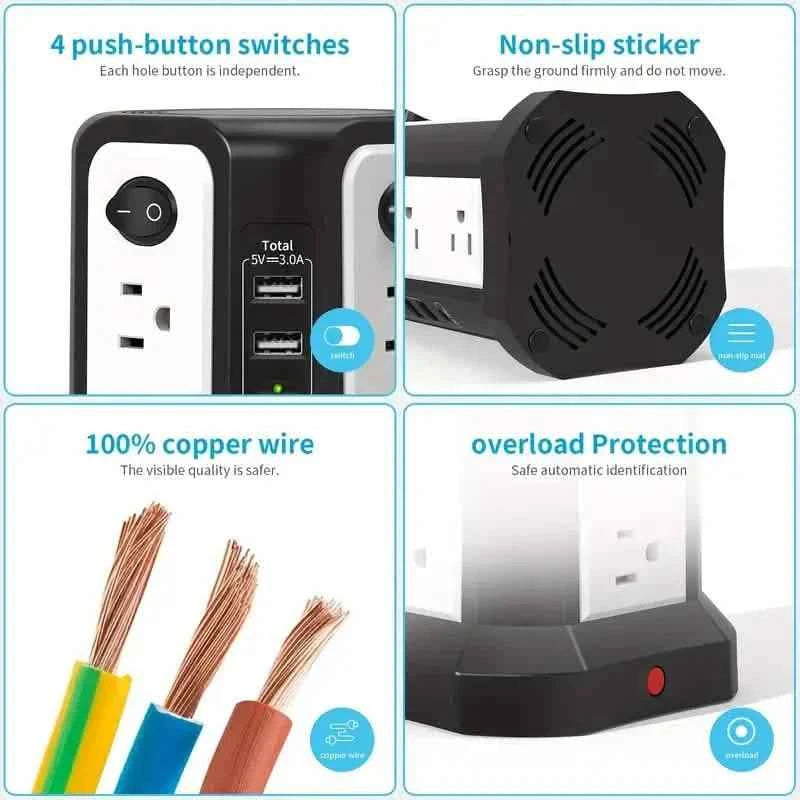 Surge Protector Tower 1800J with 4 USB A Ports, USB C (PD18W) Port, 12 AC Outlets and 10FT Cord