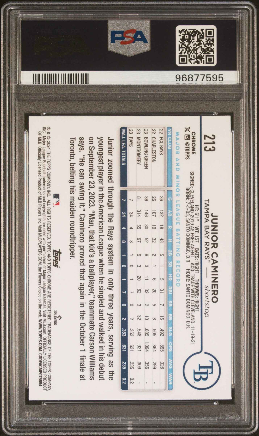 Graded 2024 Topps Chrome Junior Caminero #213 Rookie RC Baseball Card PSA 10 Gem Mint