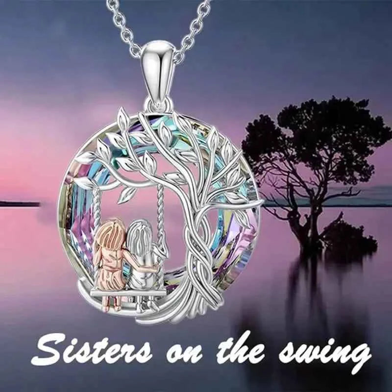 To My Granddaughter, Tree Of Life Sisters On The Swing Pendant Necklace