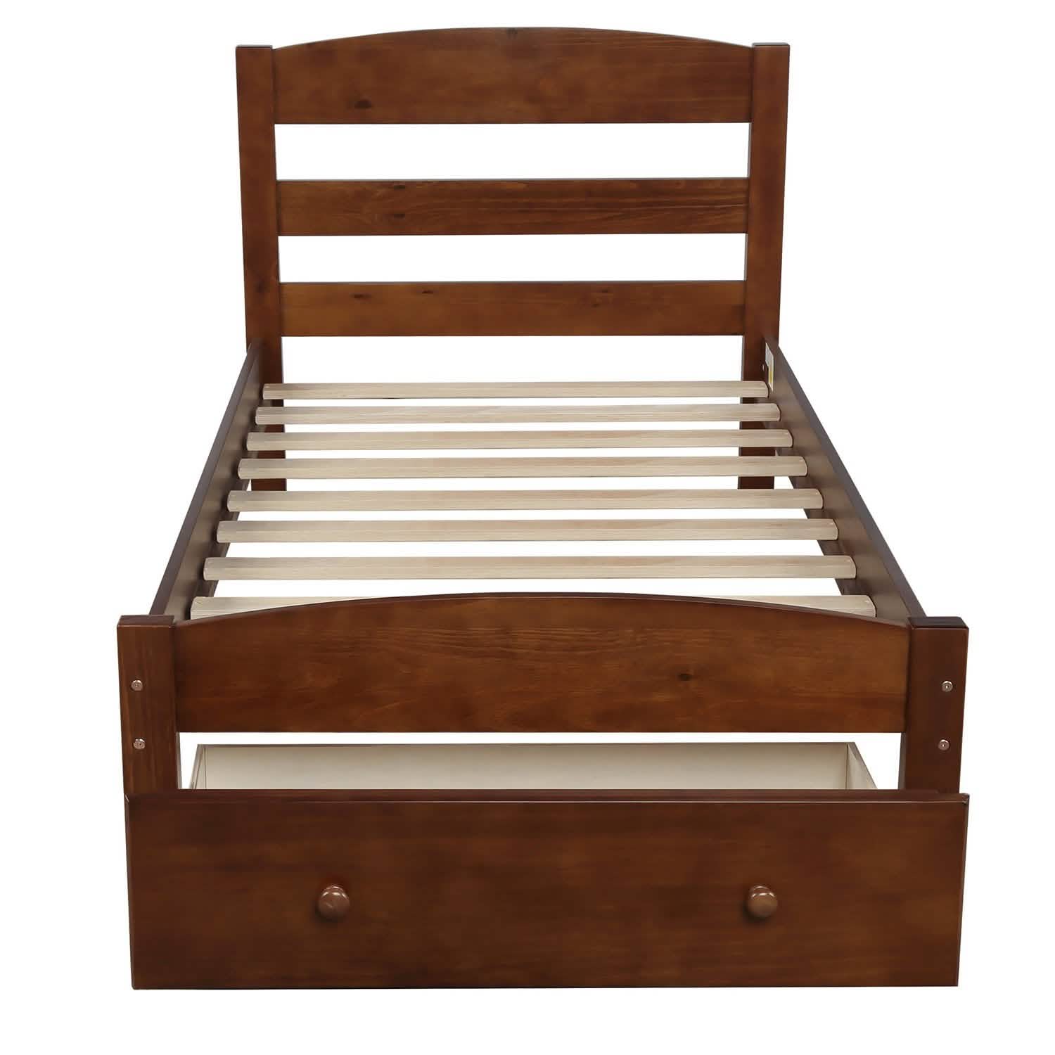 Twin Platform Bed Frame with Storage Drawer Headboard