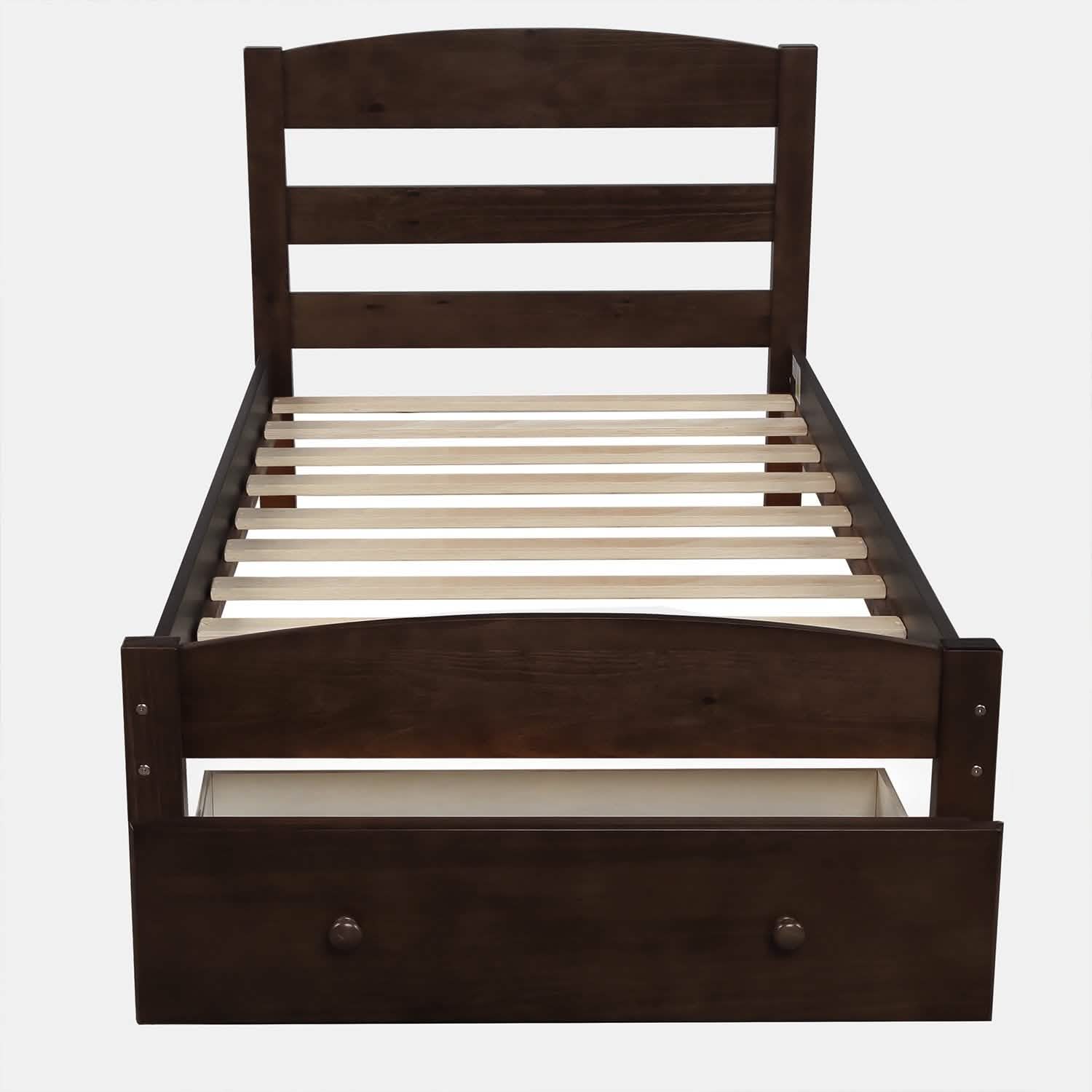 Twin Platform Bed Frame with Storage Drawer Headboard