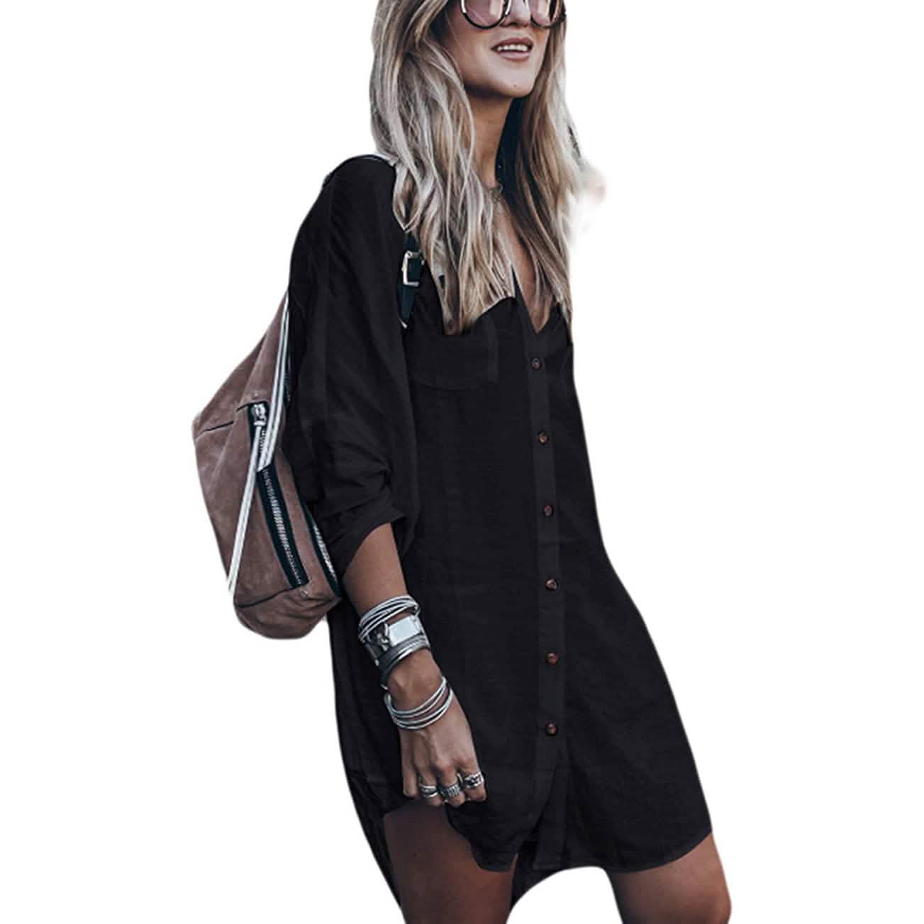Women Loose Long Sleeve Swimsuit Cover Ups Button Down Beach Shirt