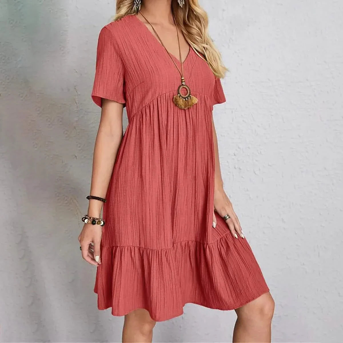 Women's Casual Dress Ruffle V Neck Midi Shift Dress