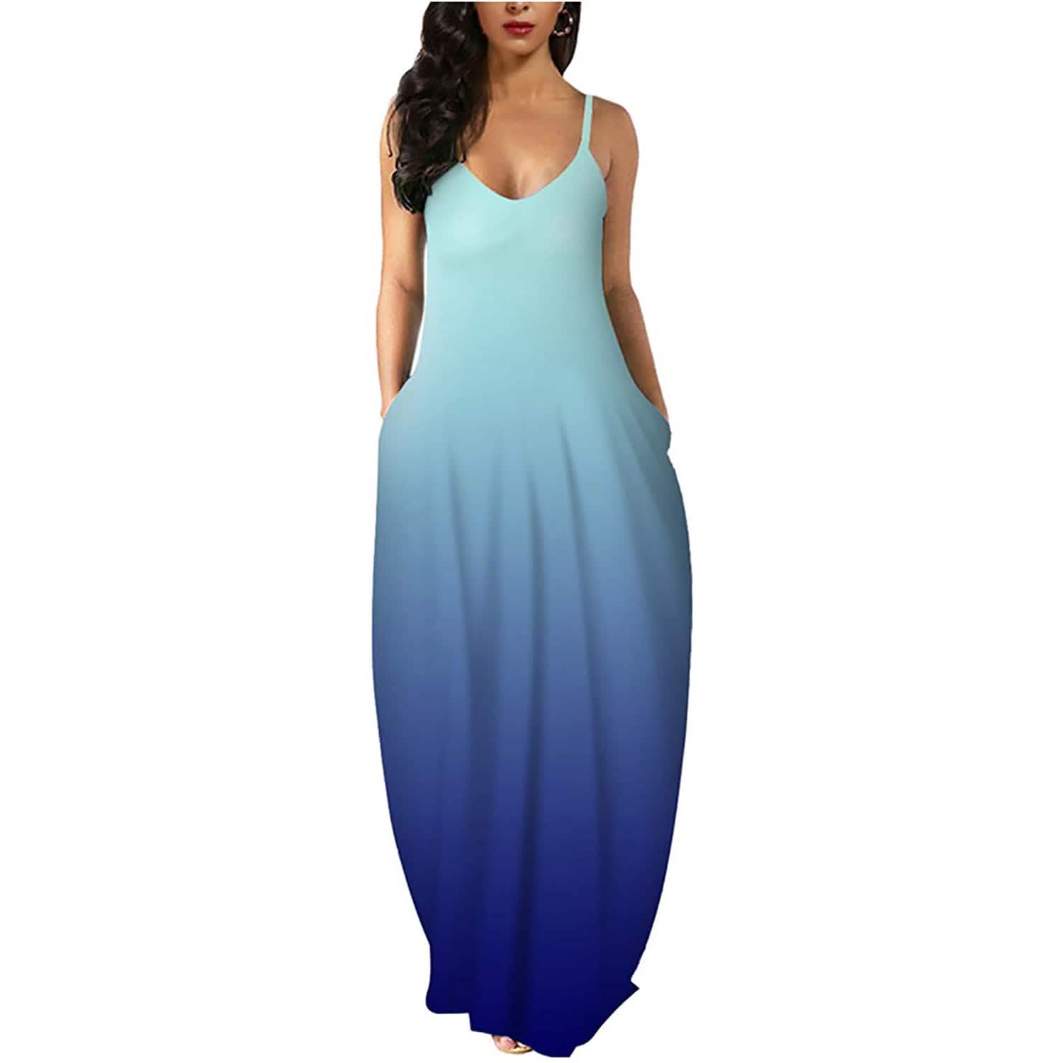 Womens Casual Sleeveless Plus Size Loose Plain Long Maxi Dress with Pockets