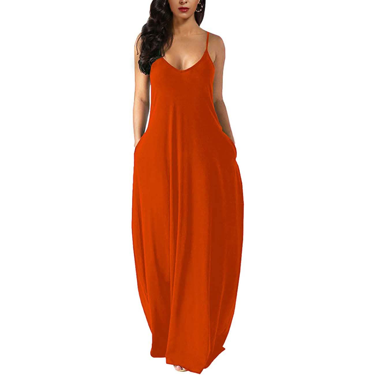 Womens Casual Sleeveless Plus Size Loose Plain Long Maxi Dress with Pockets