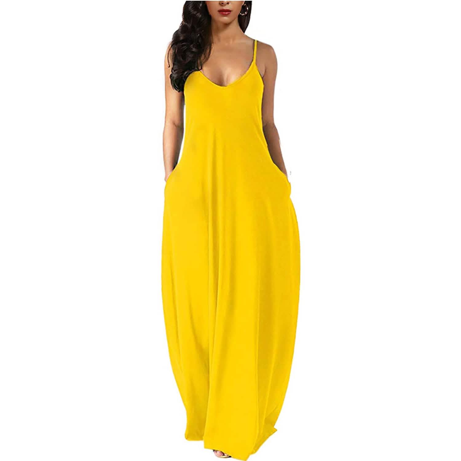 Womens Casual Sleeveless Plus Size Loose Plain Long Maxi Dress with Pockets