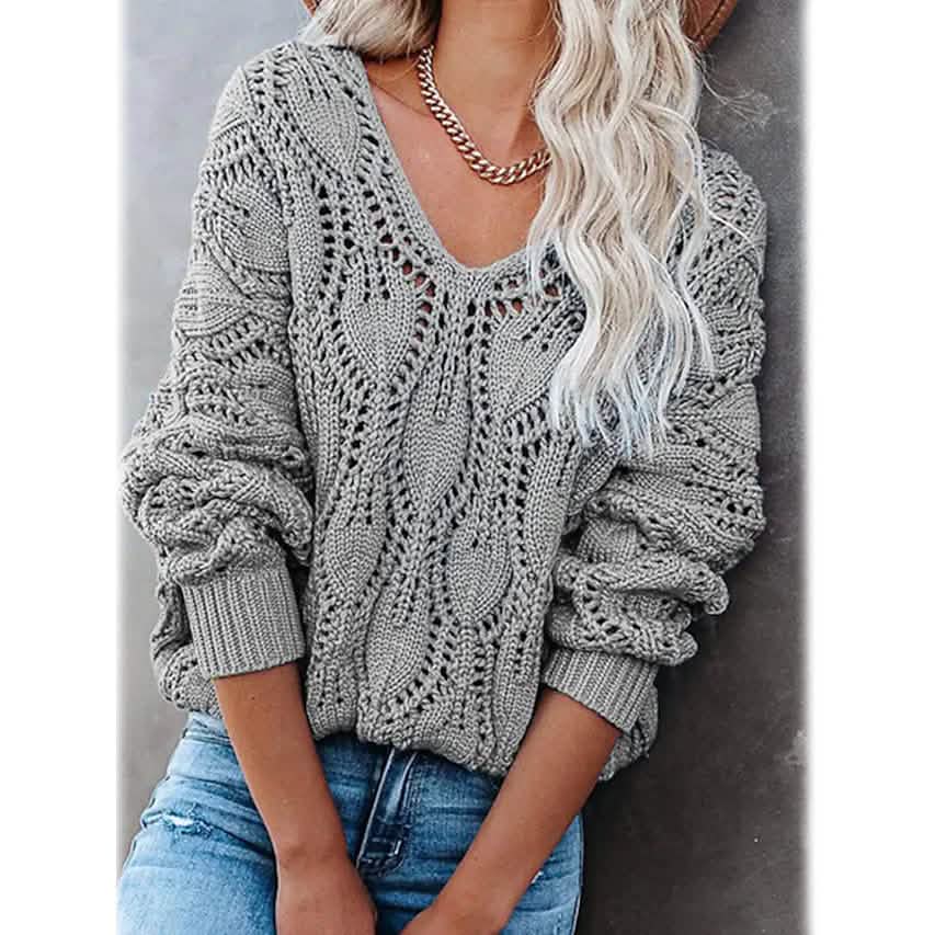 Women's Crochet Hollow Out Knitted V Neck Sweater