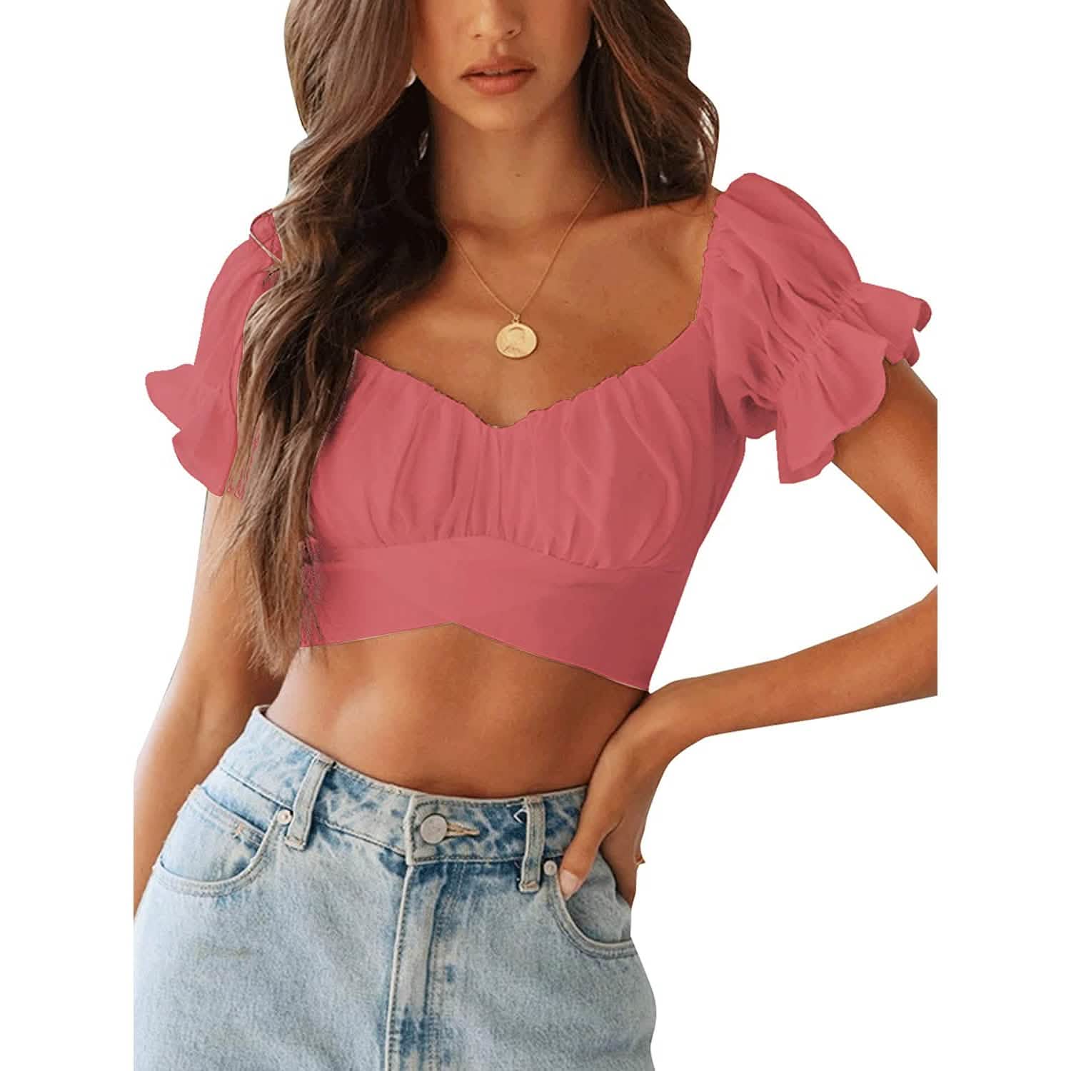 Women's Ruffle Short Sleeve Tie Shirt