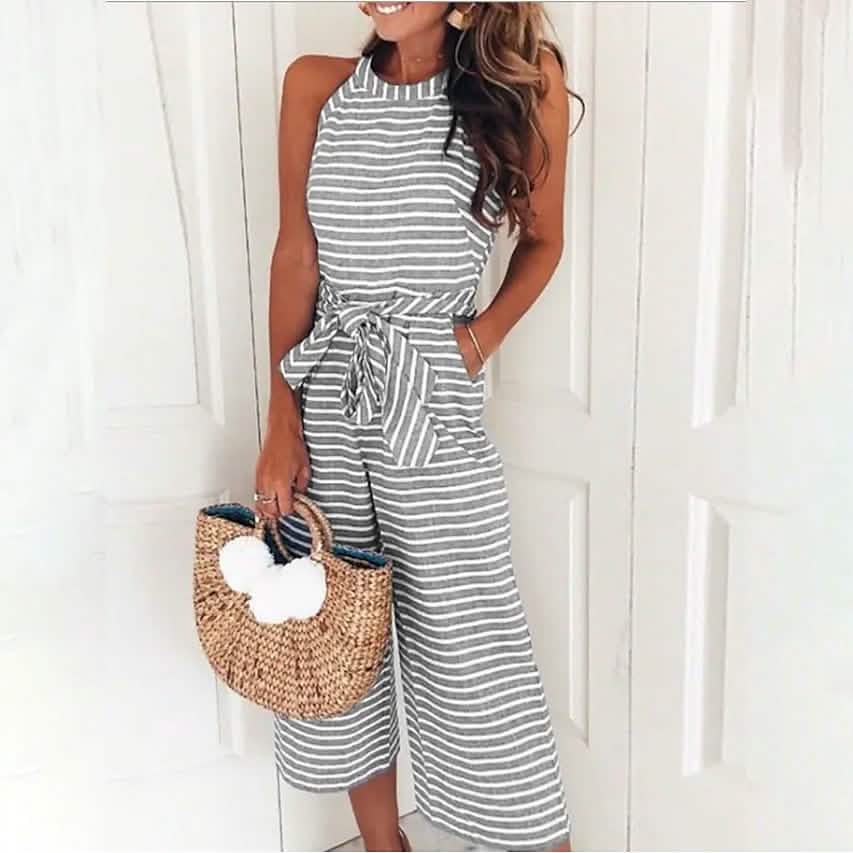 Women's Solid Color Crew Neck Casual Jumpsuit
