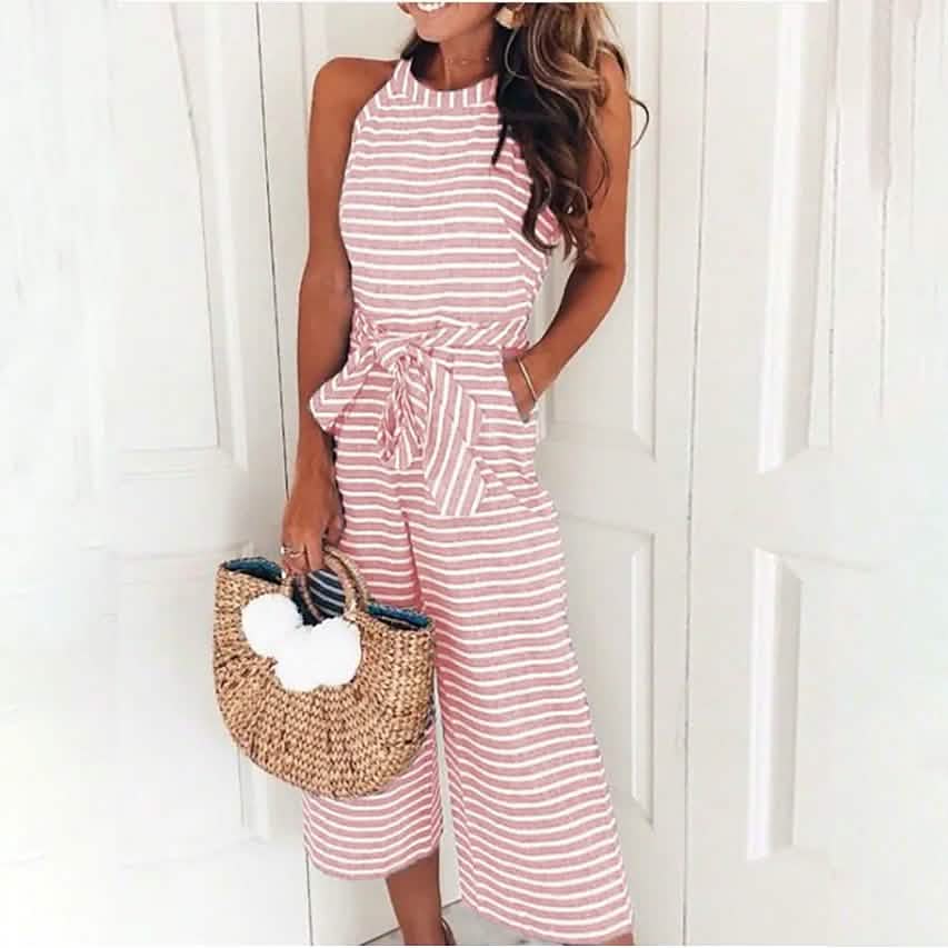 Women's Solid Color Crew Neck Casual Jumpsuit