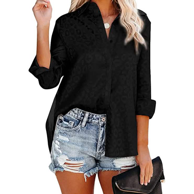 Women's V Neck Satin Embossed Roll Up Cuff Button Shirt Top