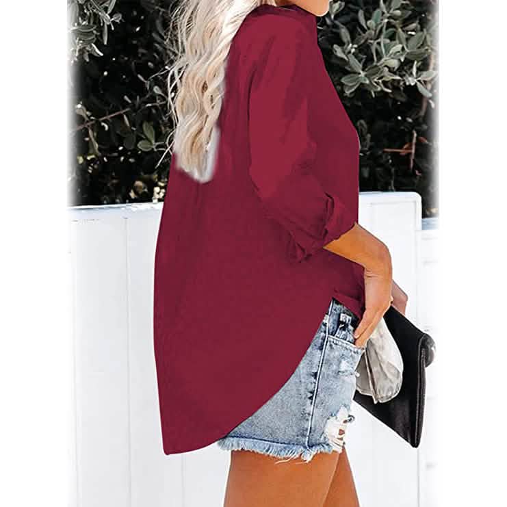 Women's V Neck Satin Embossed Roll Up Cuff Button Shirt Top