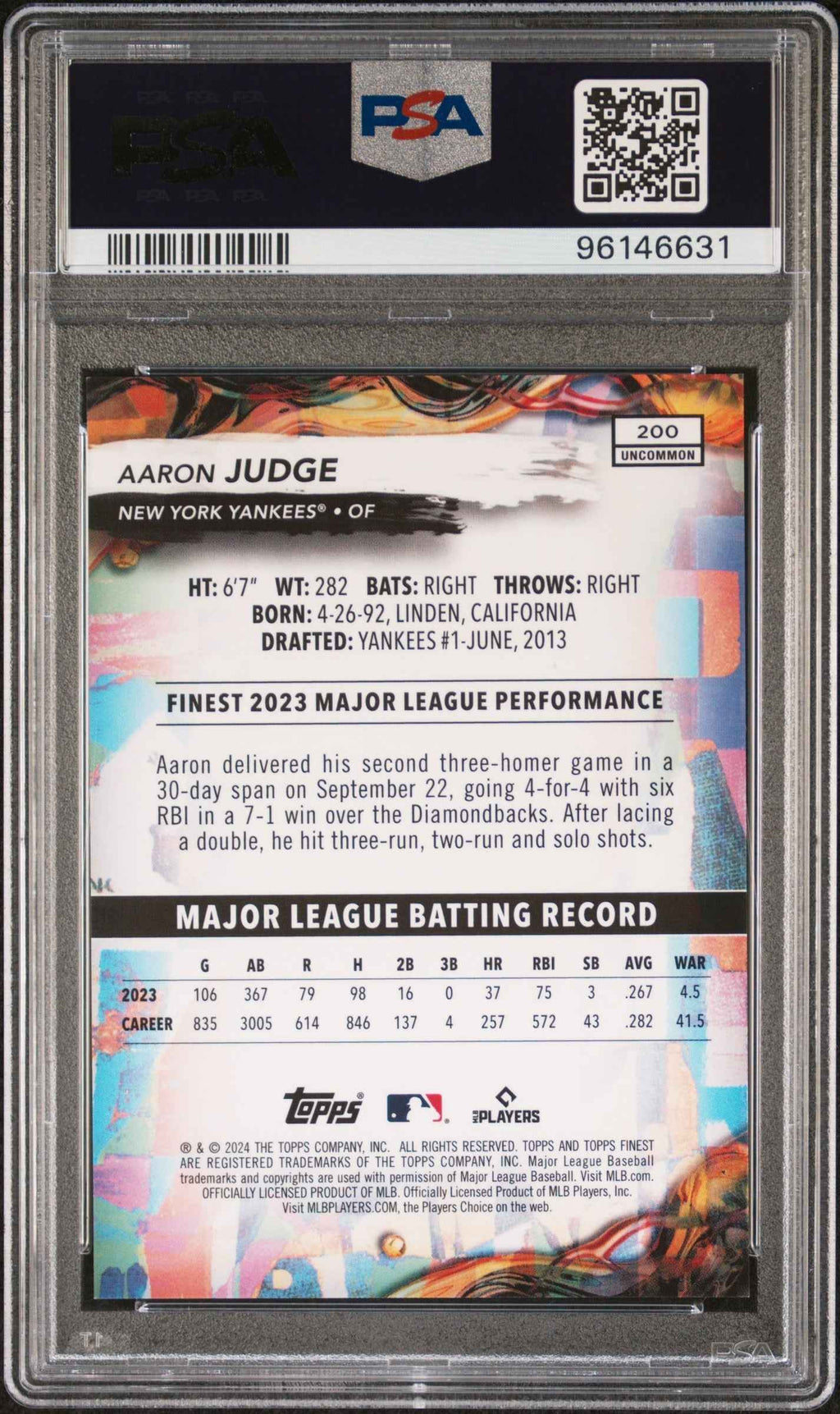 Graded 2024 Topps Finest Aaron Judge #200 Purple Refractor /200 Baseball Card PSA 10 Gem Mint