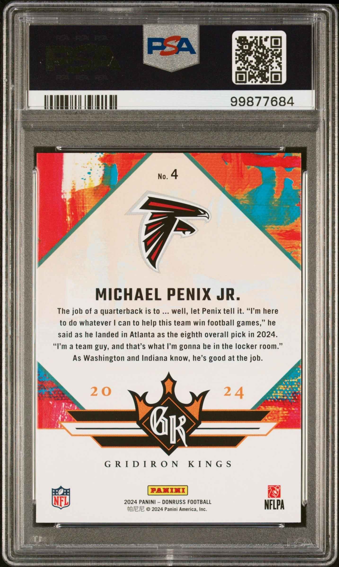 Graded 2024 Panini Donruss Michael Penix Jr #4 Rookie Gridiron Kings Rookie RC Football Card PSA 10 Gem Mint