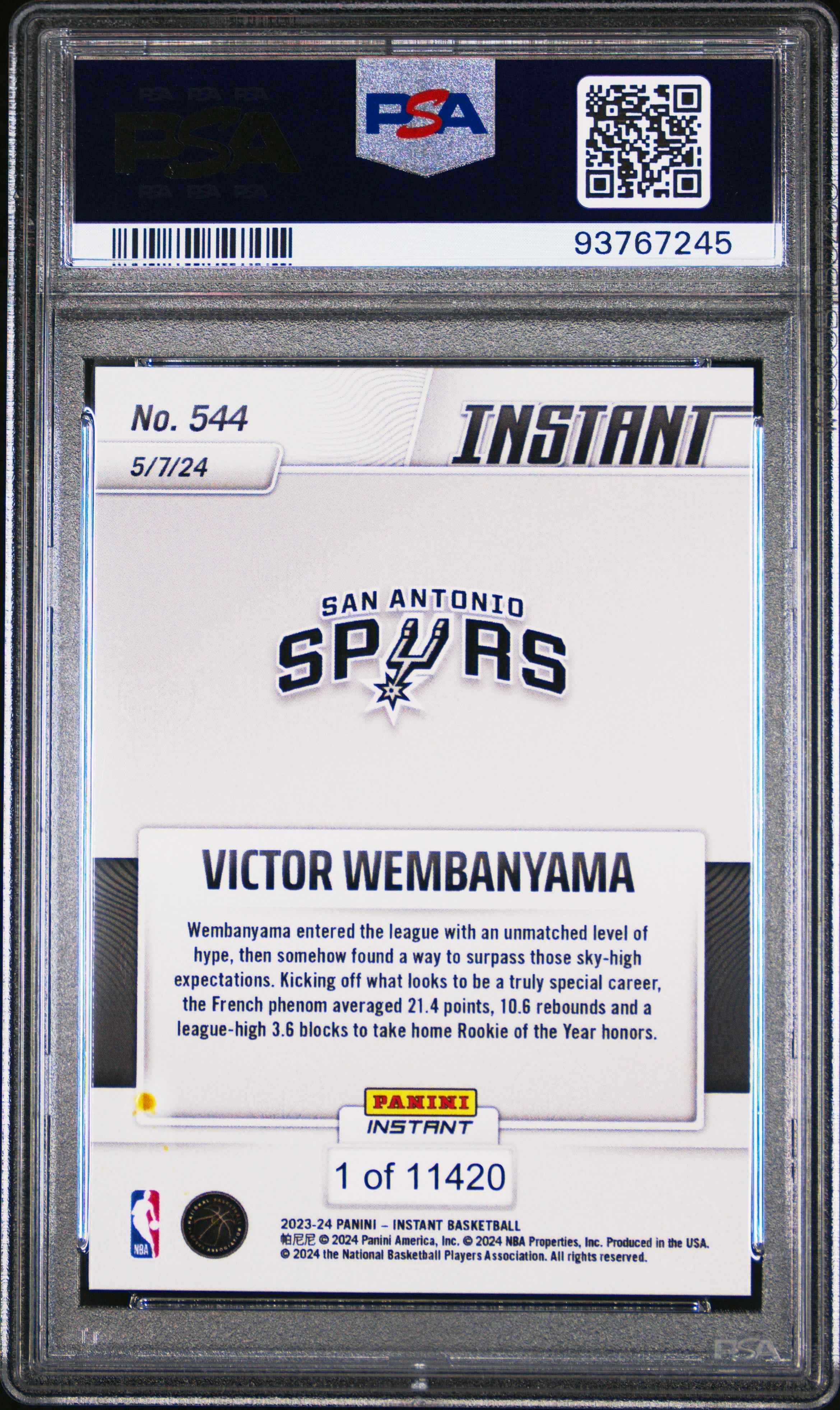 Graded 2023 Panini Instant Victor Wembanyama #544 Rookie RC Basketball Card PSA 8 Near Mint